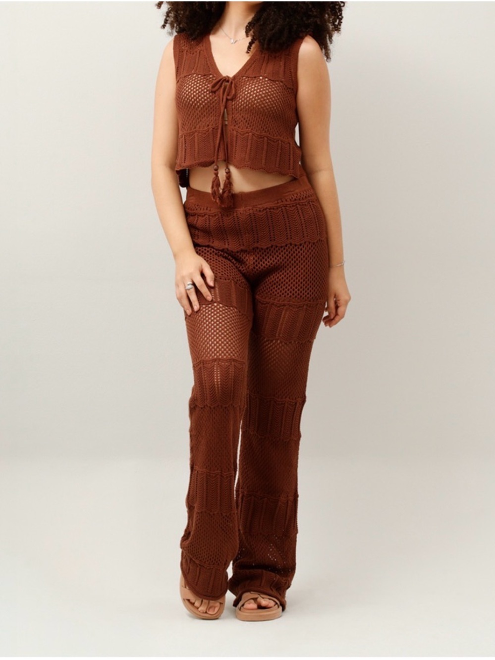 Brown Crochet Knit Two Piece Set | Boho Lounge Matching Set - Picture 2 of 6